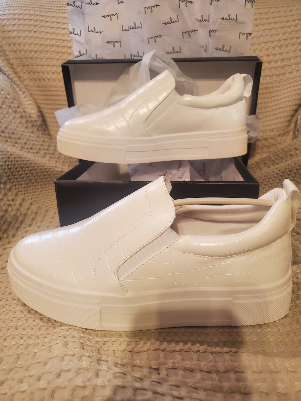Lulu's White Croc-Embossed Slip-On Platform Sneakers
